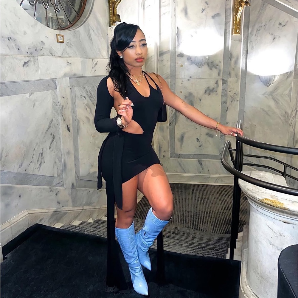 Chic Black Dress with Blue Boots